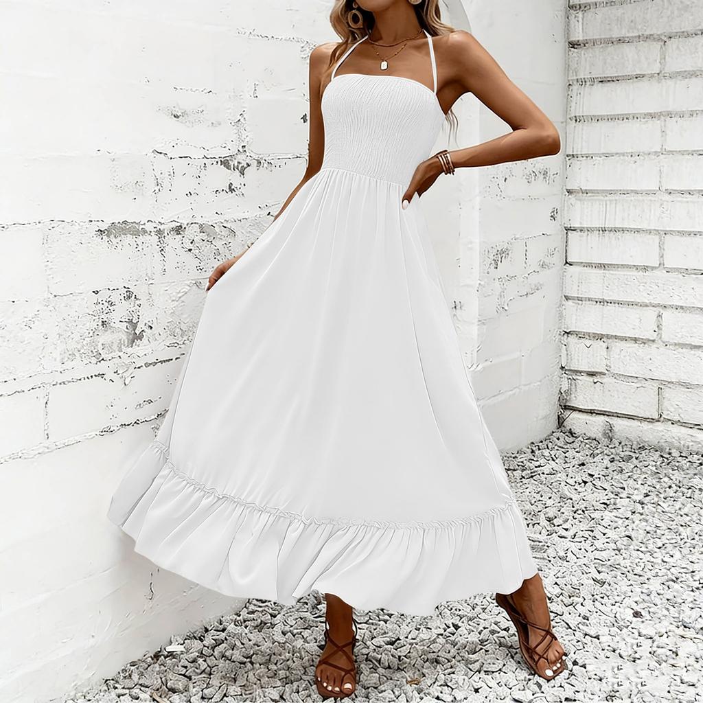 Women Neck Maxi Dress Sleeveless Solid Loose Fit Flowy Skirt Casual Sundress with Ruffled Hem Design