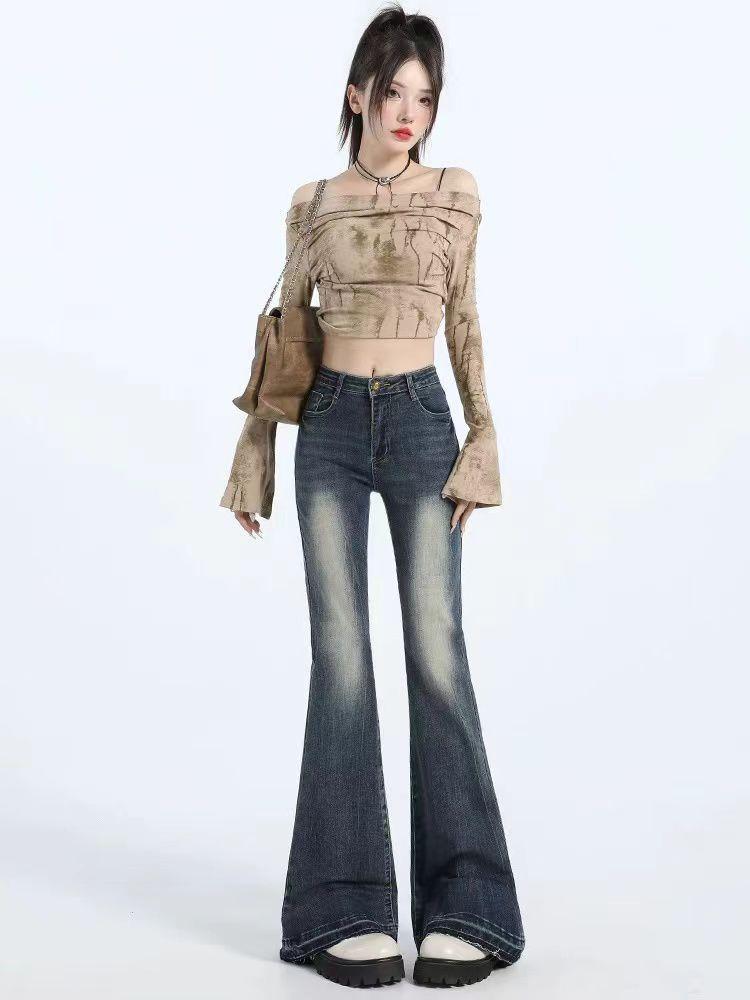 Retro Blue High-Waist Micro Flare Jeans with Slimming Raw Edge Design for Women - Spring & Autumn