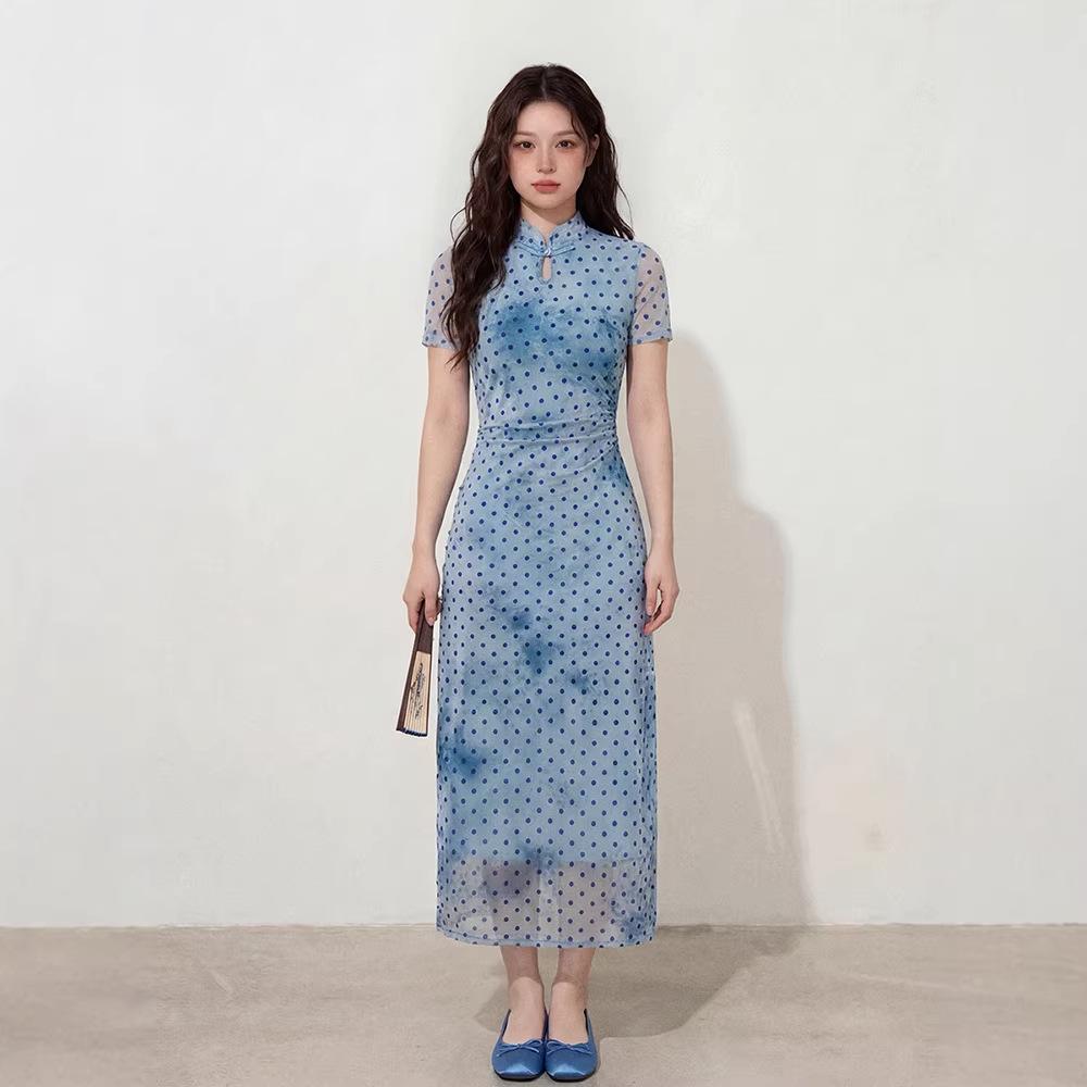

2026 Blue Polka Dot Slim Fit Qipao Dress for Women - Water Drop Neck, Hip-Hugging, Long Summer Style L синий