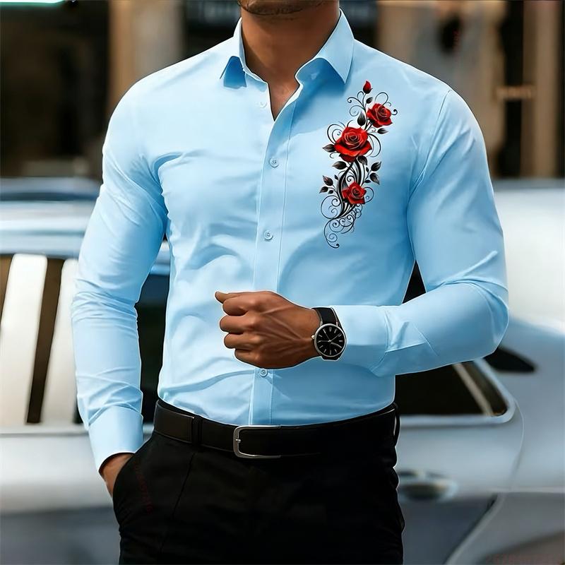 Herrskjorta med lång ärm, med ett vintage rött rosmönster. En Snygg Business Casual Skjorta och Trendig