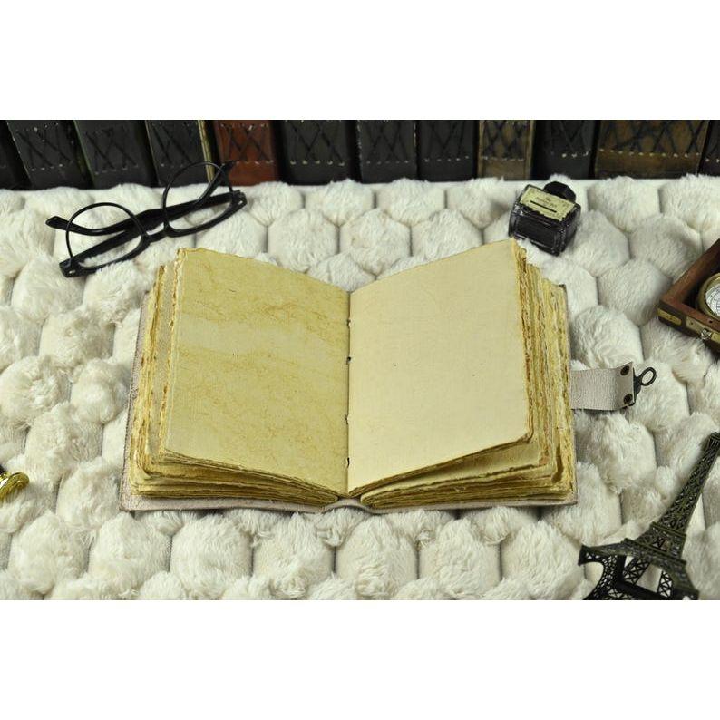Vintage leather Journal - Blank Spell Book of Shadows, Grimoire Journal, Travel Writing Notebook, Antique Deckle Edge Paper Lock Closure,