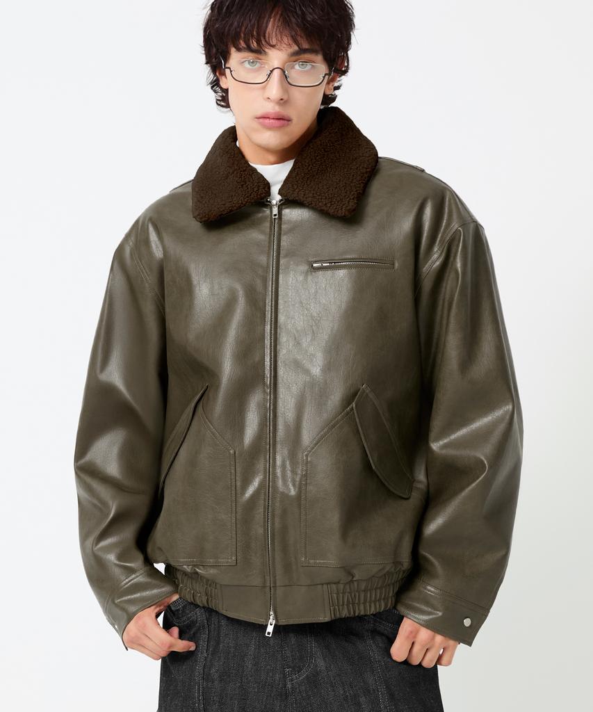 Trillion Fleece Collar Flight Leather Jacket_Khaki