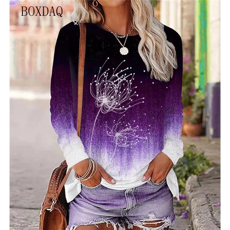 Löwenzahn Muster Damen T-Shirts Frühling Herbst Langarm 3D Pflanzen&Blumen Druck Street Gradient Damen T-Shirts 6XL Übergröße