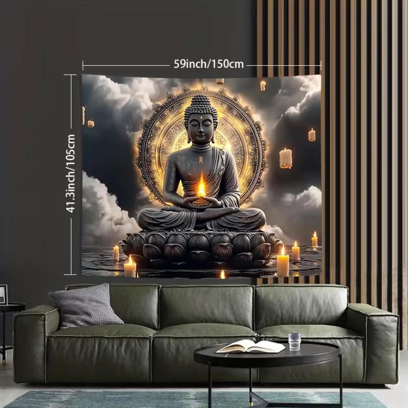 Arazzo Zen Rilassante 2D Buddha con Candele e Nuvole Decorazione Sfondo Casa