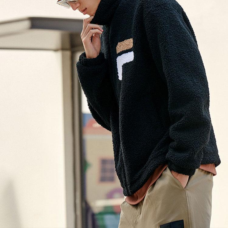 FILA Logo Casual Sports Warm Stand Collar Faux Lamb Wool Jacket Men Jacket Black F11M149505FBK