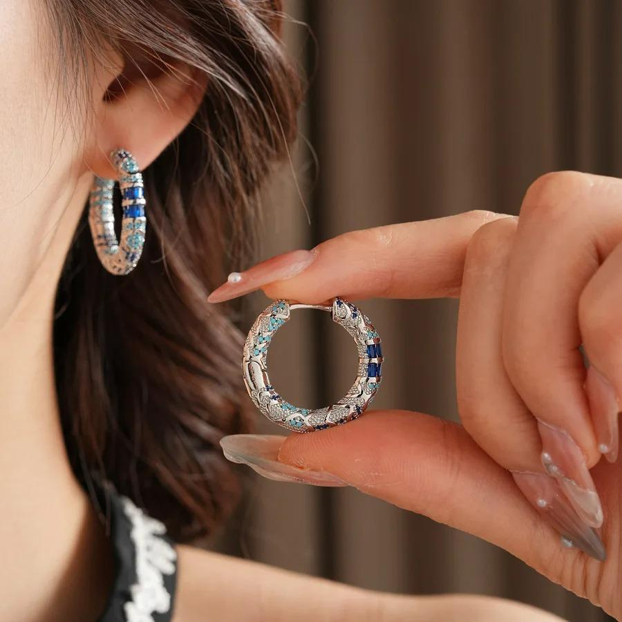 New Retro Luxury Blue Zircon Hoop Earrings for Women Geometric Round Ear Buckle Loop Earrings Female Fashion Party Jewelry Gifts