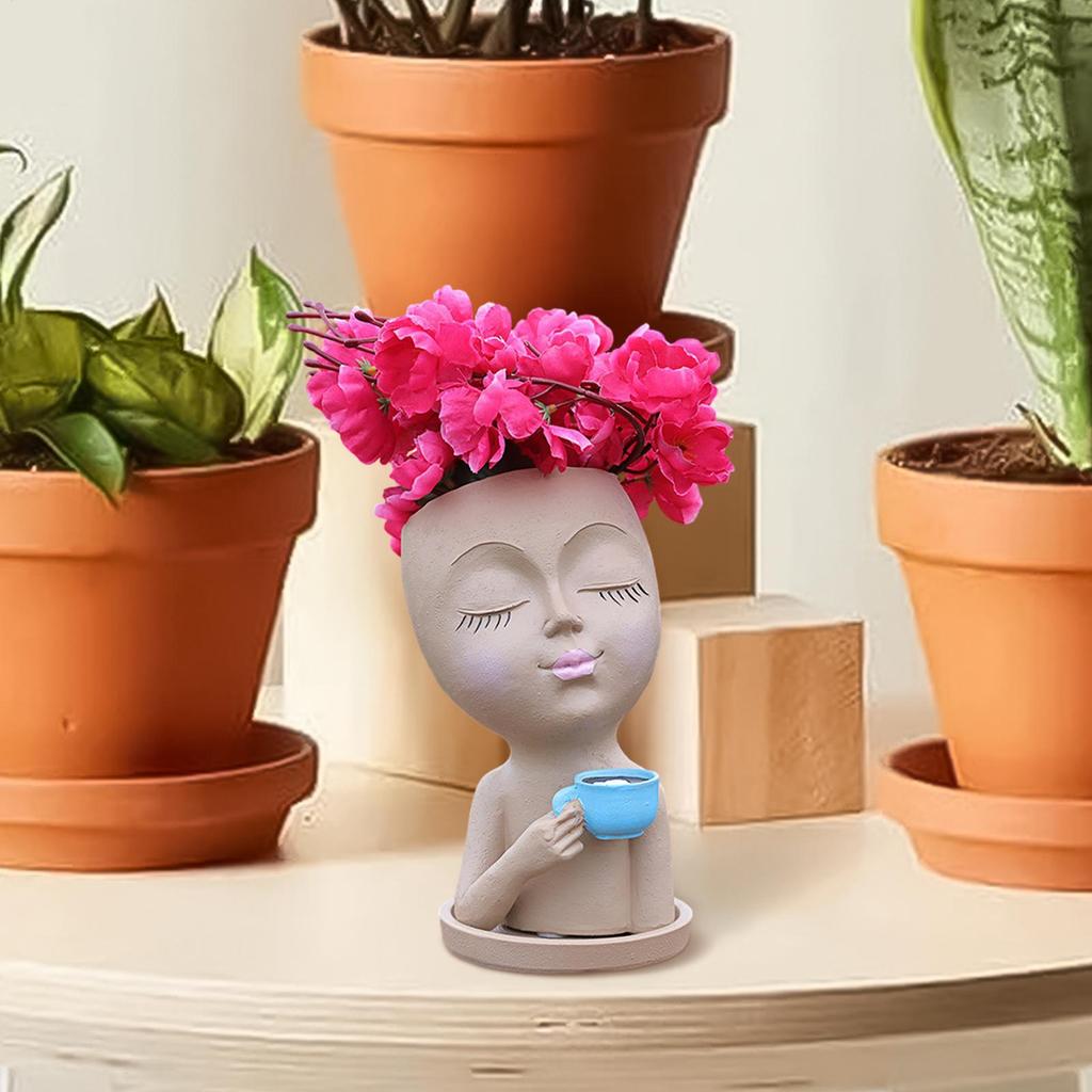 Face Planter Pot Head Coffee Girl Flower Pot Indoor Head Planter With Closed Eyes Resin Material Drainage Hole