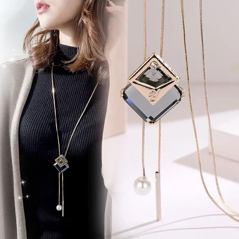 Long Necklaces & Pendants Vinatge Blue Square Necklace for Women Fashion Collier Femme