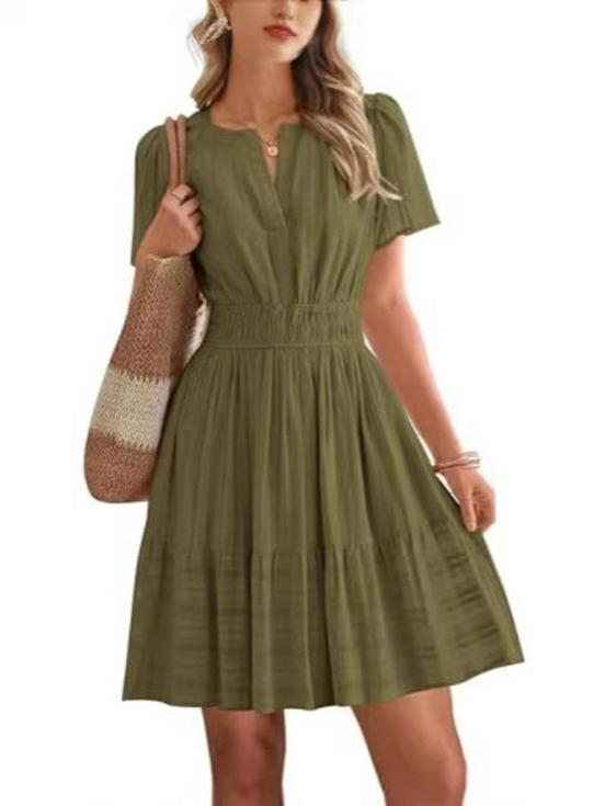 European & American V-neck Pleated Puff Sleeve Layered Dress for Women