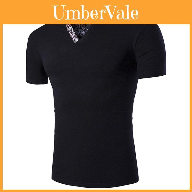 Versatile Men's T-shirt Slim Fit Floral V-neck Fashionable Short Sleeve Casual Tee