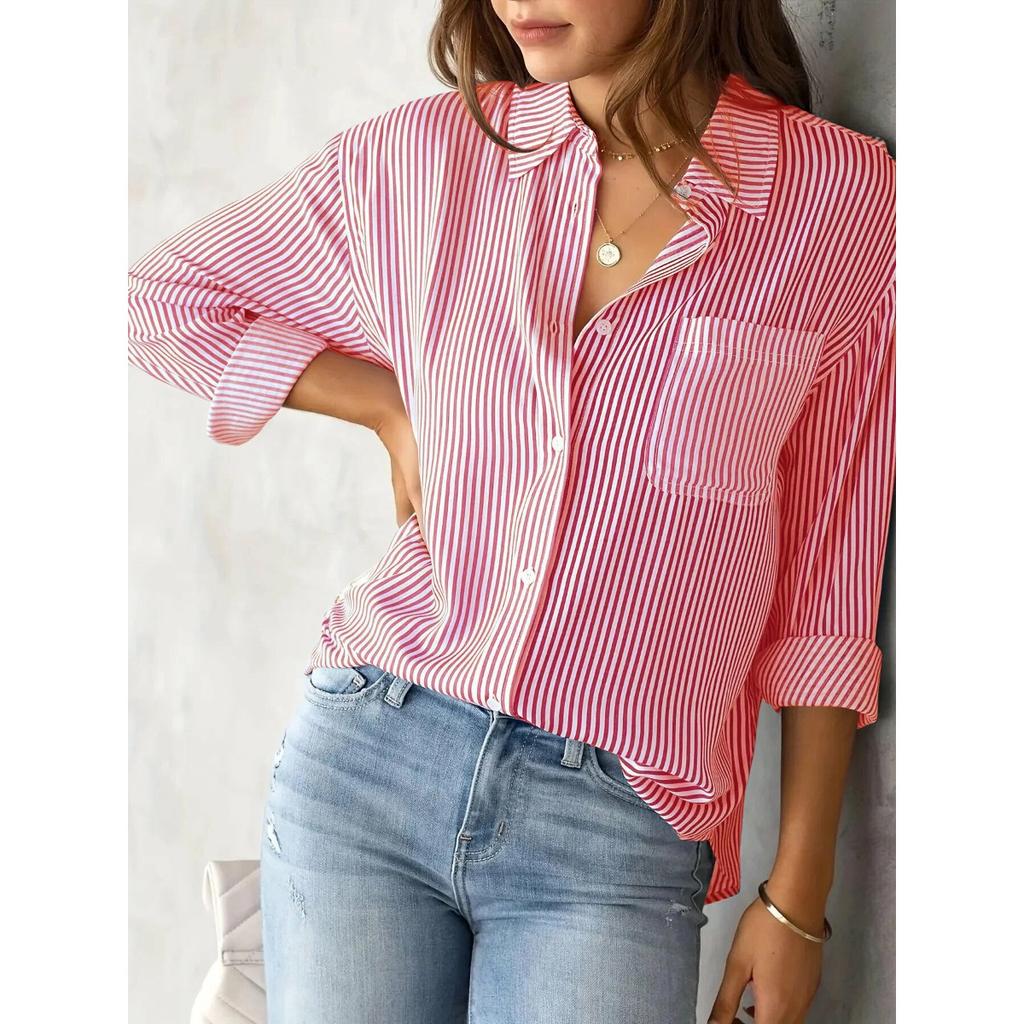 Printed Striped Cardigan, Casual Fashion Shirt, Loose Striped Women's Shirt, Work Shirt, Casual Long Sleeved Shirt