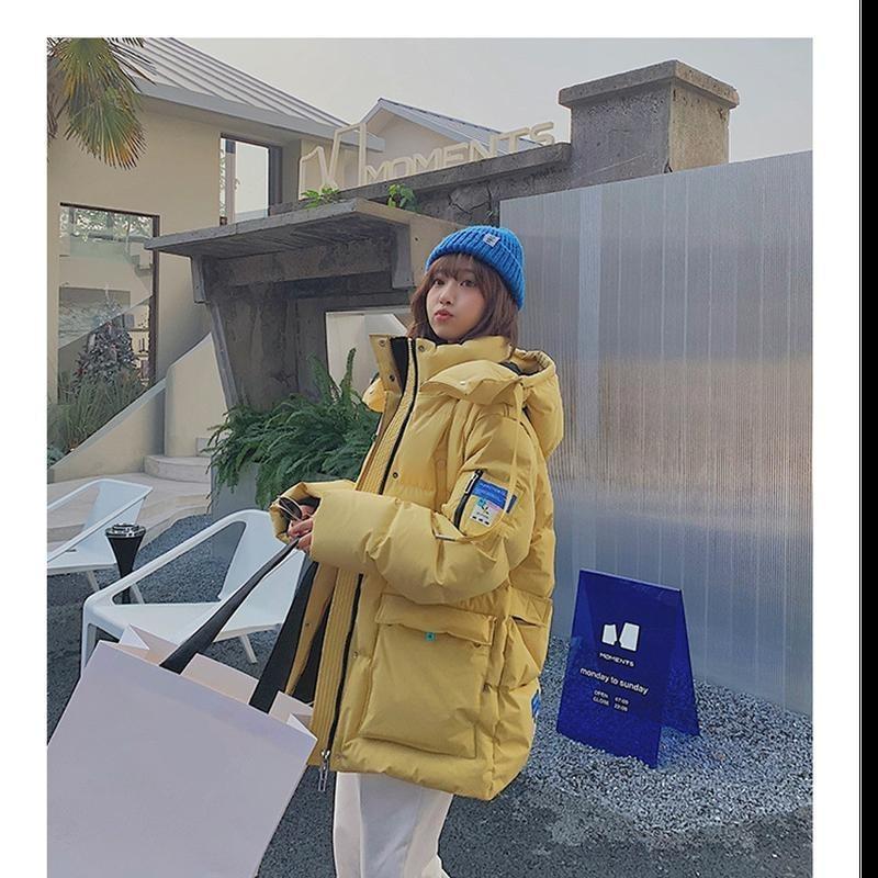 Damen-Daunenjacke mit vertikalem Kragen im Herbst und Winter, mittellange, verdickte, lockere Jacke, Arbeitskleidung, mit Kapuze, weißer Entendaunenmantel