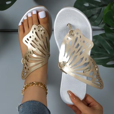 2024 Foreign Trade Summer New Butterfly Hollow Flat Sandals Women's One-word Toe-clip Women's Sandals and Slippers On the Beach