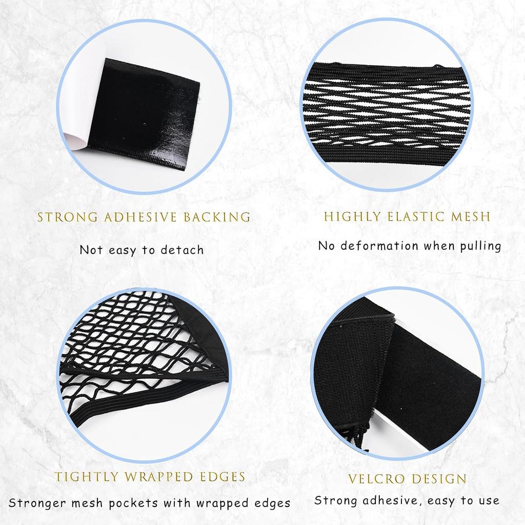 2PCS Universal Car Cargo Net with Adhesive Tape, 9.8×15.7in Trunk Storage Mesh Pocket Wall Mount Organizer Bag for Car RV SUV Boat Truck Camper Van