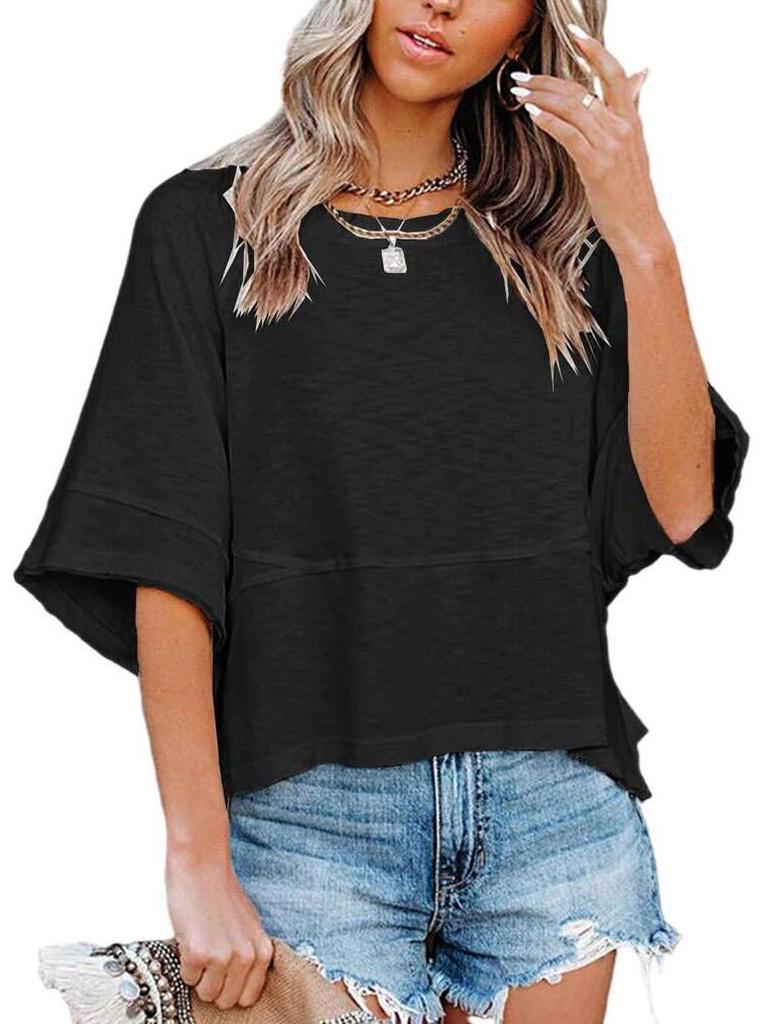 2025 Trendiges gespleißtes einfarbiges Glockenärmel-Lockeres Damen-T-Shirt
