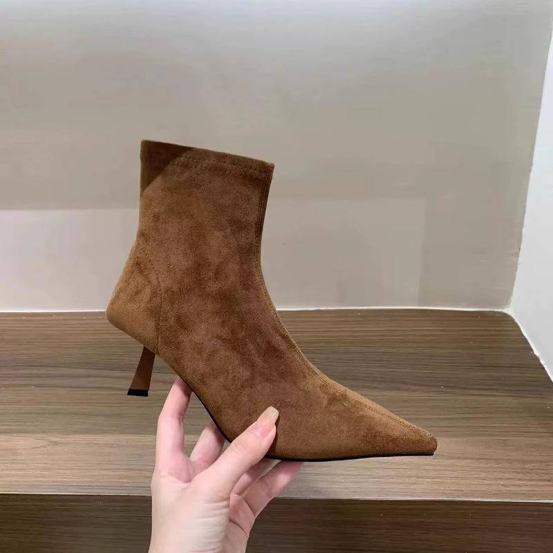 Korean small naked boots 2025 autumn and winter new single boots high heel pointed suede khaki thin boots short boots women's shoes
