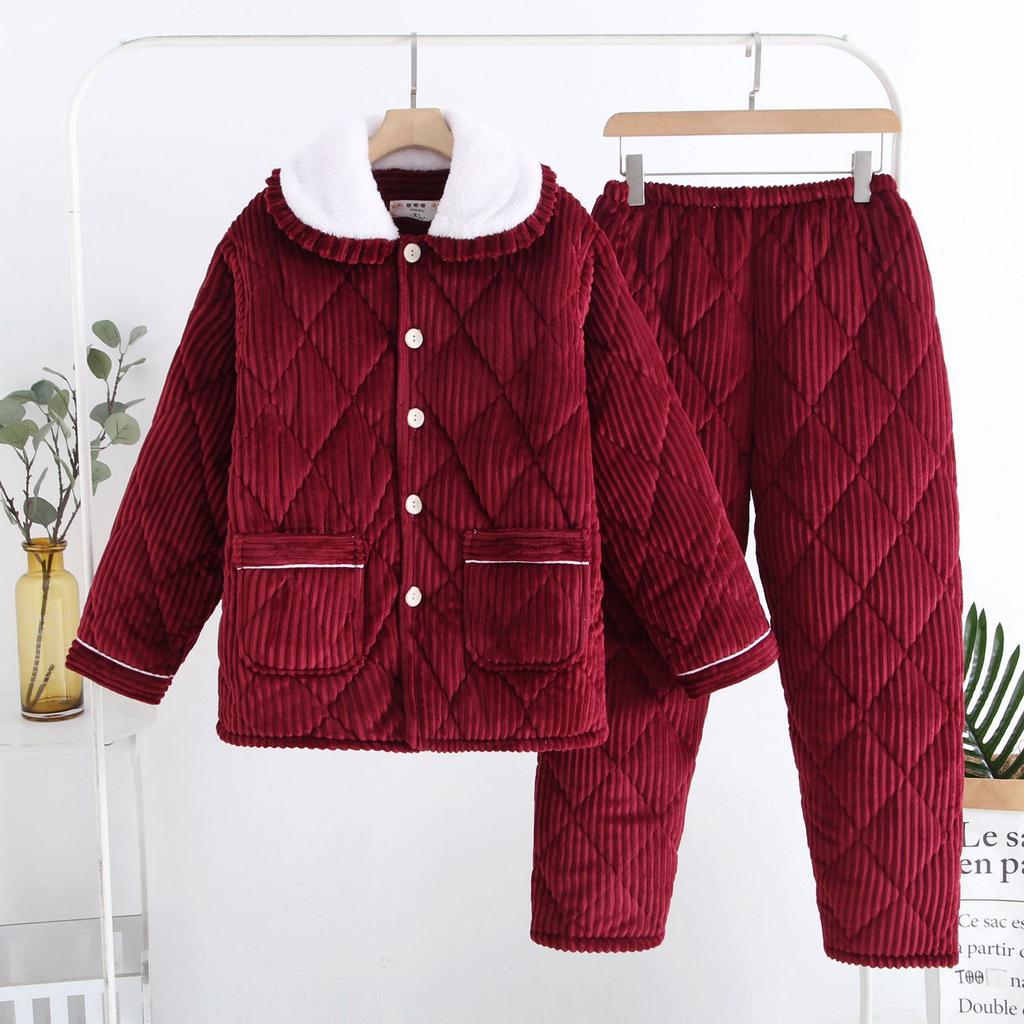 Coral Velvet Three-layer Quilted Jacket Pajamas Women's Autumn and Winter Thickened with Velvet Warm Winter Flannel Home Wear