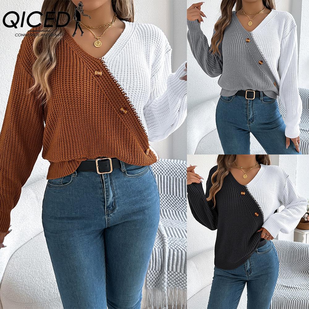 QICED Autumn and Winter Casual V-neck Button Contrasting Color Lantern Sleeve Pullover Sweater Women's Wear