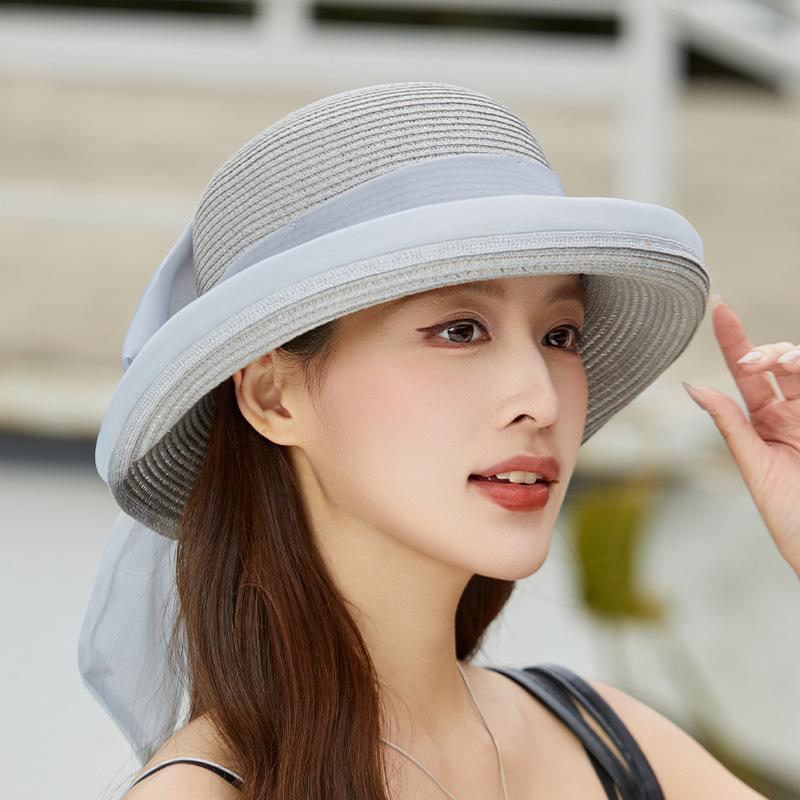 Spring and summer new women's straw hat big bow decorative sunscreen visor basin hat showing face small seaside vacation photo hat