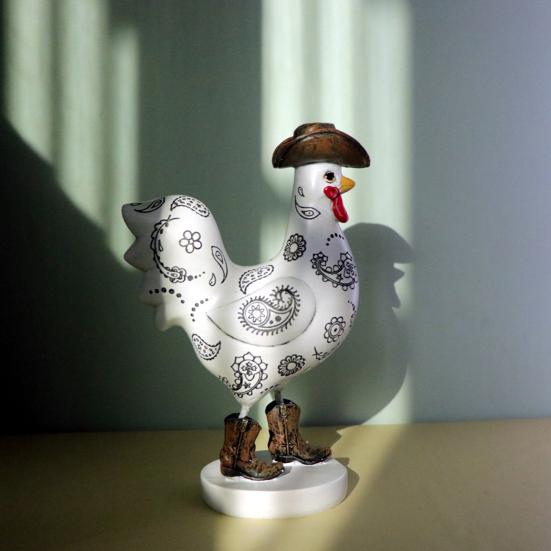 Cowboy Rooster Resin Figurine Cartoon Boot Cock Statue Animal Sculpture Home Office