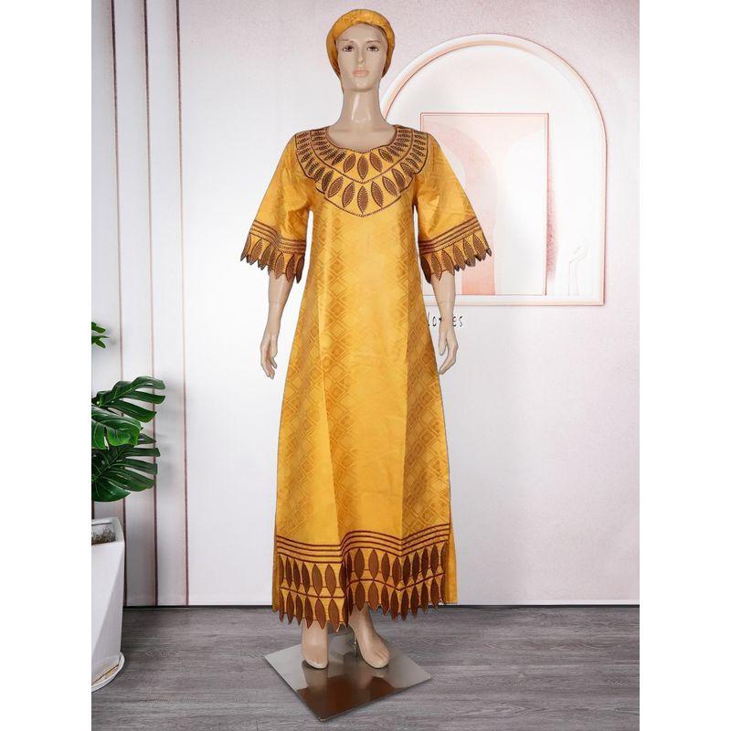 African Summer Women's Clothing Plus Size Full Craft Fragrant Figured Cloth Embroidered Robe Half Sleeve Ethnic Style Dress with Headscarf