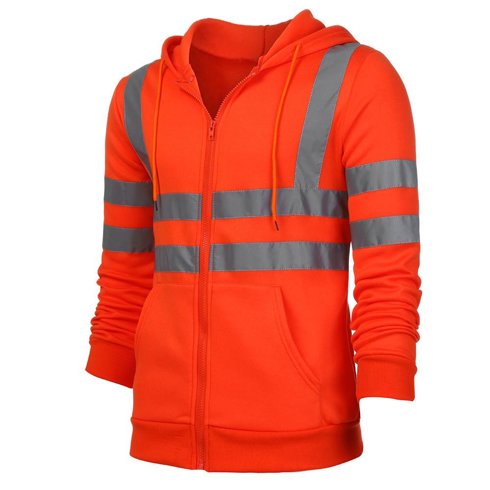 Fleece-lined Outdoor Sanitation Workwear Men's High Visibility Reflective Strip Zipper Hooded Sweatshirts