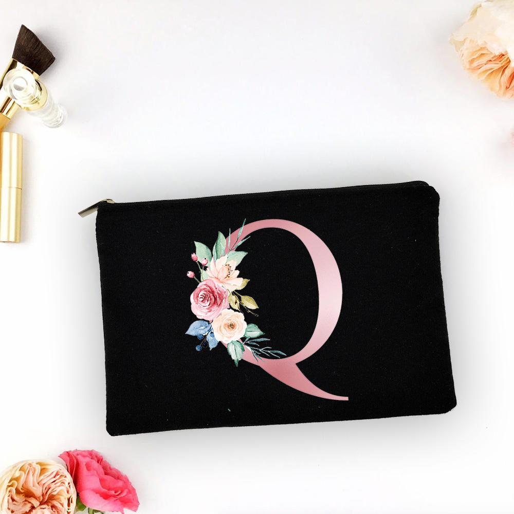 Pink Alphabet Flower A-Z Makeup Bag Make Up Pouch Women Shopping Travel Cosmetic Storage Lipstick Bags Large Capacity Organizer