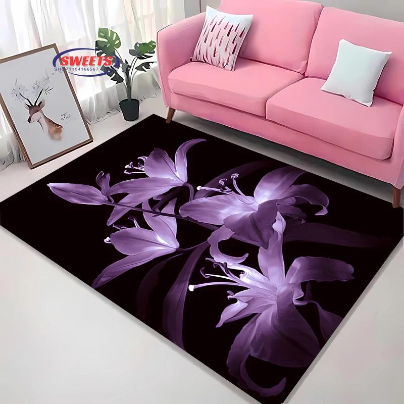 Beautiful Lily Flower Large Carpet for Home Living Room Children's Bedroom, Sofa Doormat Kitchen Floor Rug, Anti-slip Decor Mat