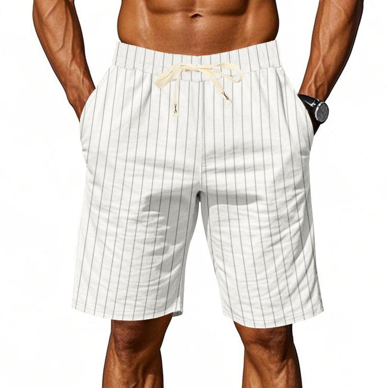 Men's Loose-Fit Linen Beach Shorts - Breathable Striped Jacquard Drawstring Cropped Casual Shorts