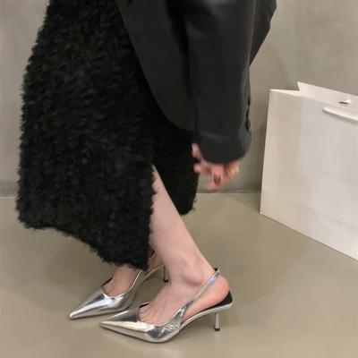 Srebrne buty na wysokim obcasie szpiczasty czubek torebka głowa sandały buty wróżki wiosna francuskie z tyłu puste pojedyncze buty