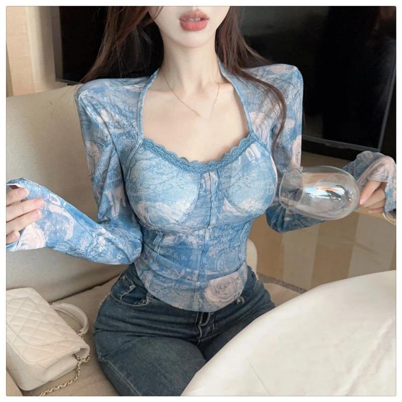 Frühling Y2k Ästhetische Tie-Dye Druck Tops Spitze Bodenbildung Crop Tops Streetwear Harajuku Frauen Vintage Sexy Grunge T-shirt Tees