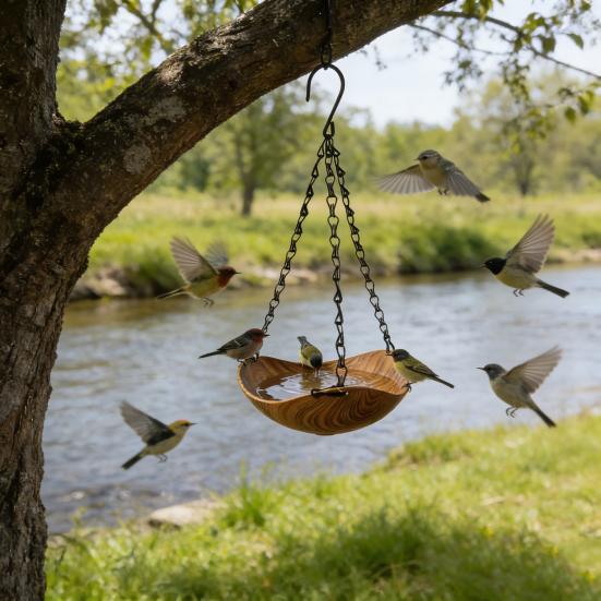 Hanging Bird Bath Wooden Bird Feeder with Chain Outdoor Bird Water Bowl Feeding Tray for Garden Outside Hummingbirds Drinking Bathing