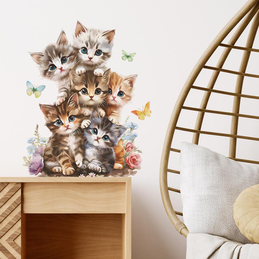 Cartoon Cute Kitten Wall Stickers Animals Murals Decals for Children's Bedroom Living Room Wallpaper