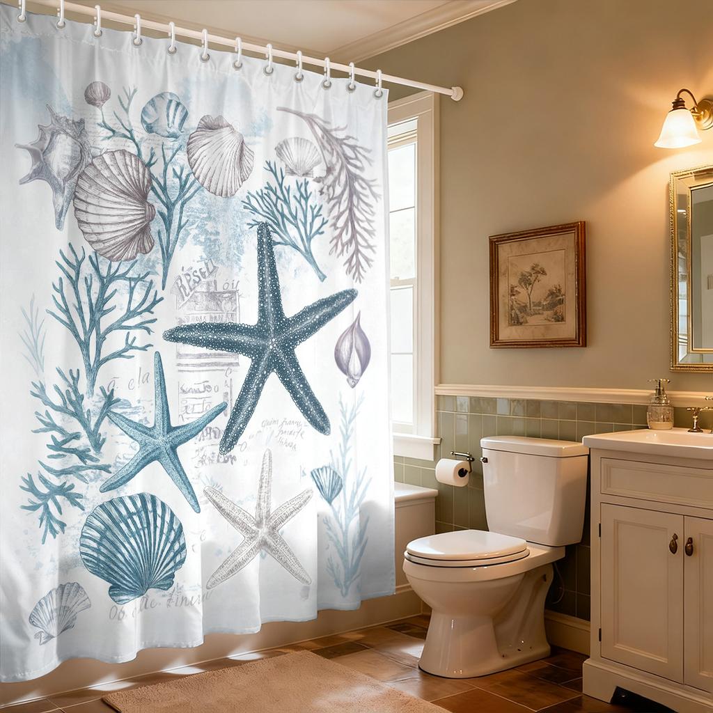 1Pc Cartoon Starfish Printed Waterproof Shower Curtain Partition Privacy Hanging Curtain With 12 Hooks In Various Sizes