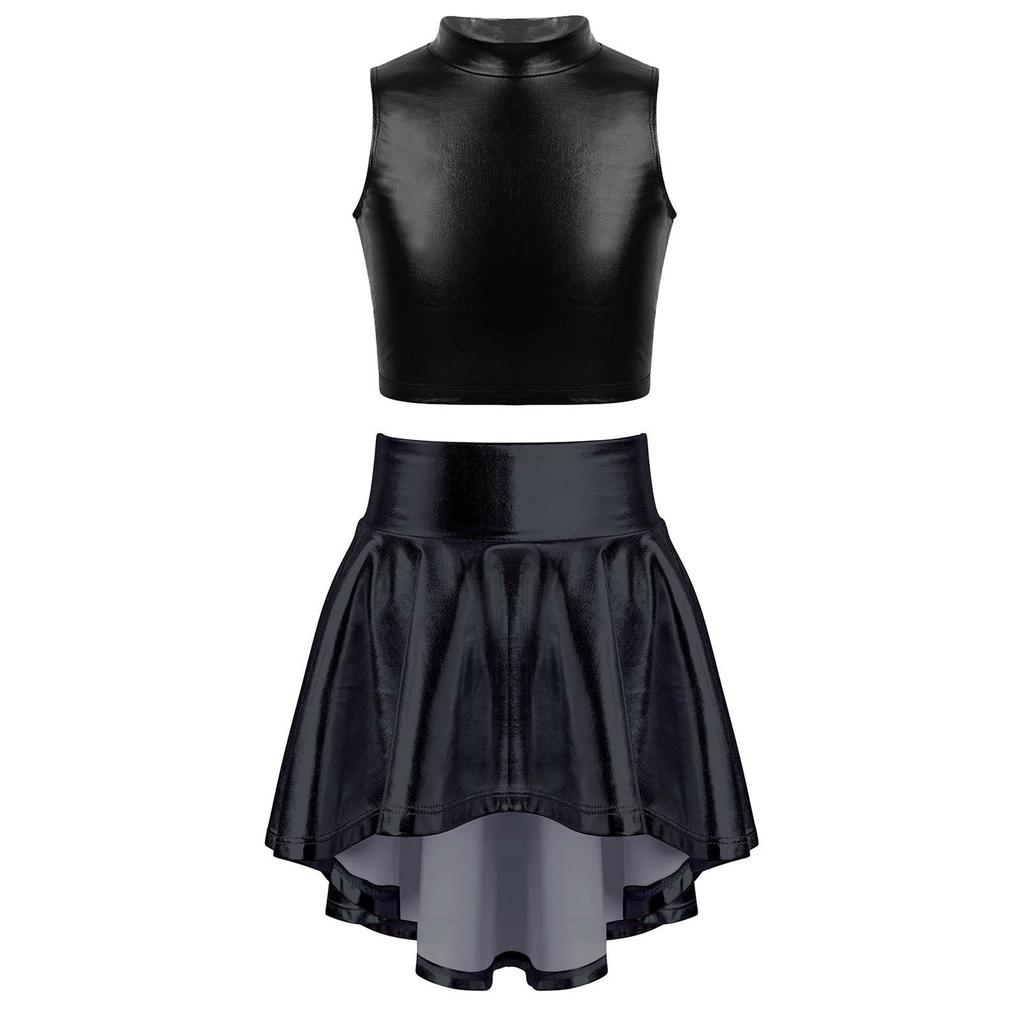 Cheerleading-Tanzkostüme für Mädchen und Kinder mit Metallic-Oberteilen und Rock mit unregelmäßigem Saum