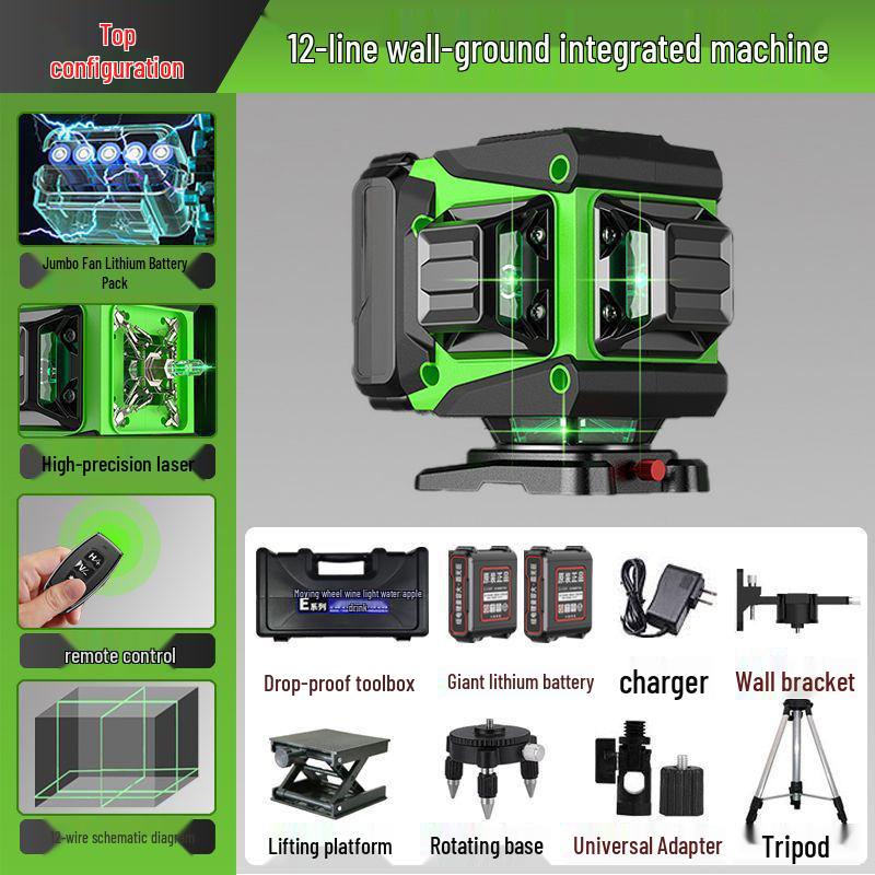 12/16-linjers minilaserpassare med hög precision, grönt ljus och vägg-/golvklistermärken