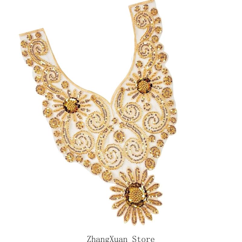 Aplikacja z haftowanych koralików na suknię ślubną, suknię wieczorową, naszywki do przyszycia na kołnierz, koralikowe cekiny, naszywki do przyszycia, aplikacja