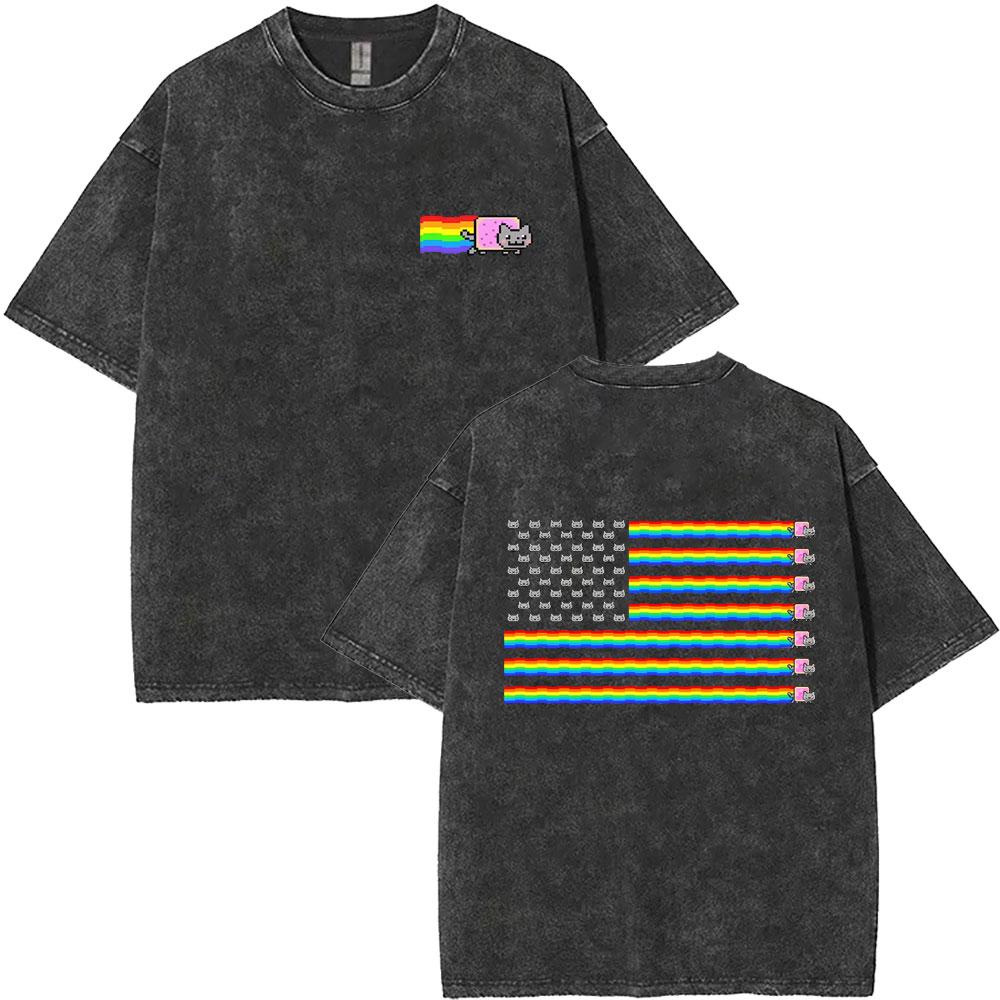 

Washed Vintage Game Rainbow Nyan Cat Funny Meme Tshirt Men Women Cute Kawaii Harajuku T Shirt Casual Cotton Oversized Tshirts S
