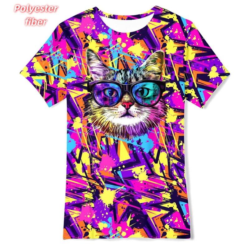 3D Printed Colorful Geometry T-Shirt For Men Music Cat Pattern Tees Summer Street Casual Short Sleeve Tops Loose O-Neck T Shirts
