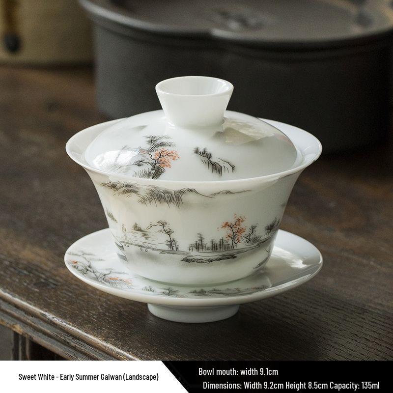 Dehua White Porcelain Landscape Gaiwan - Premium Kung Fu Tea Set with Three Talents Tea Bowl