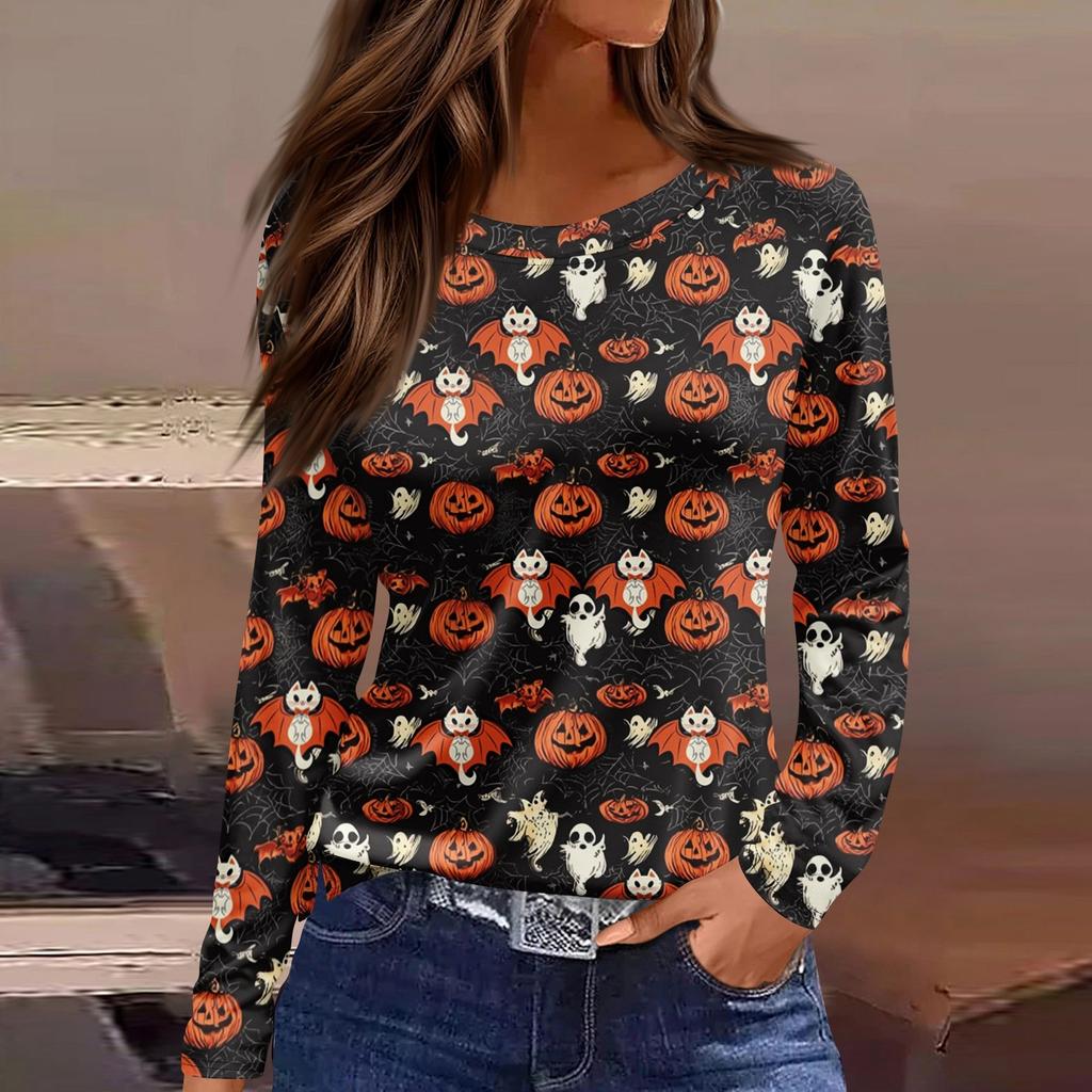 Women's Fashion Casual LongSleeve Print Round Neck Pullover Top Blouse