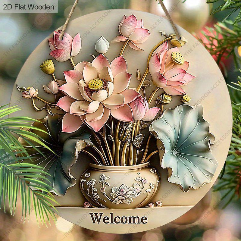 Lotus Flower Welcome Round Wooden Hanging Sign, 2D Flat Printed Wall Door Ornament, Home Front Porch Decor Gift