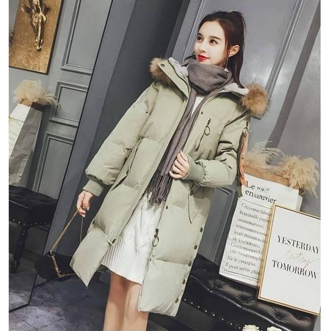 Abbigliamento alla Moda Cappuccio con Pelliccia Zip Lungo Stile Donna Caldo Piumino Cappotto Invernale Parka Cappotto