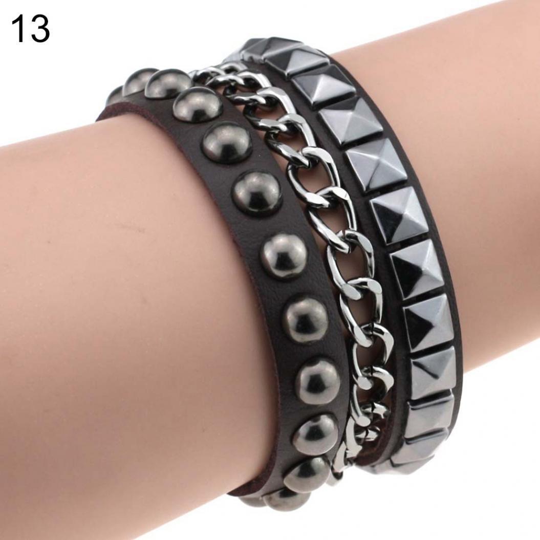 

Жіночий багатошаровий браслет із заклепками в стилі панк-рок із заклепками зі штучної шкіри та металевим ланцюжком колір темно кави