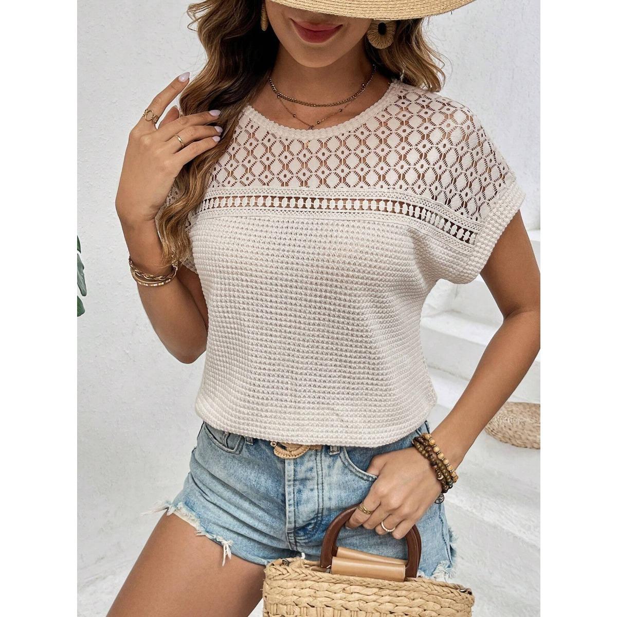 Women s Crew Neck Short Sleeve T-Shirt Regular Fit Casual Solid Color Hollow Knit Top S