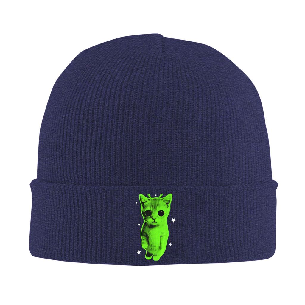 Alien Cat Meme UFO Silly Cat Knitted Hat for Women Unisex Skullies Beanies Autumn Winter Hat  Hip Hop Cap