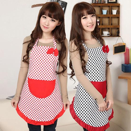 Women Cute BowKnot Dot Aprons Kitchen Restaurant Cafe Bib Cooking With Pocket