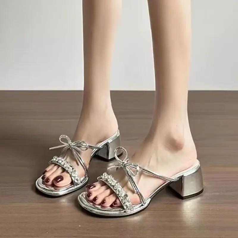 Shoes Slippers Women Summer Slides Heeled Mules Pantofle Jelly Flip Flops Fashion Square Heel High 2025 Glitter Luxury Block Cry