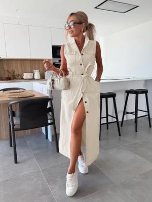 Rochie de vară din denim fără mâneci cu cordon în talie, stil european și american