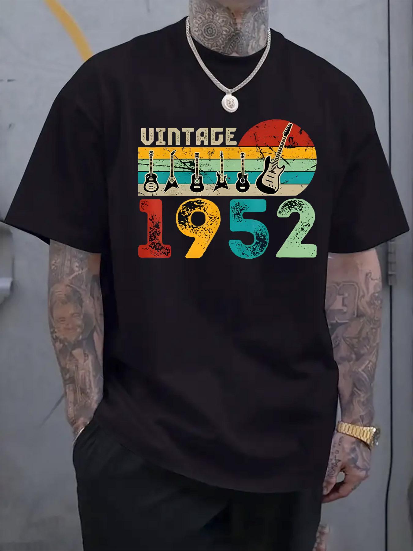 

Vintage 1952 Guitar Print White Crew Neck T-shirt - Casual Short Sleeve Tee with Colorful Electric Guitar Design M